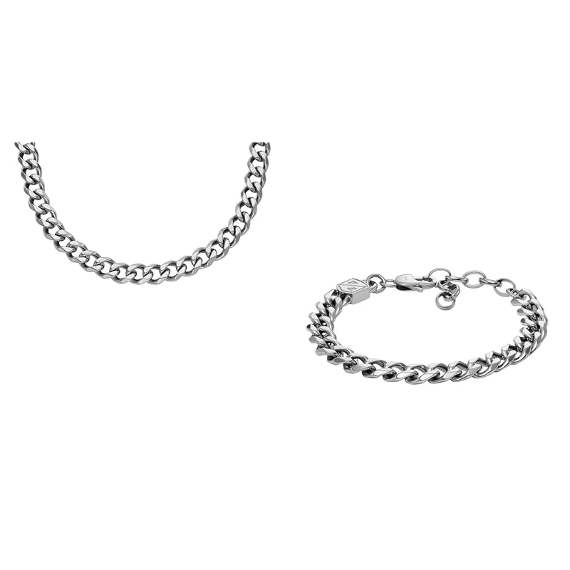 Fossil Men's Necklace and Bracelet, Silver Stainless Steel, Set