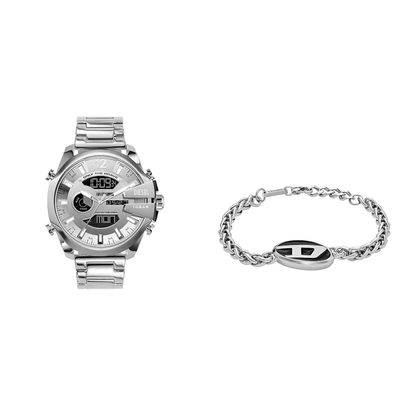 Diesel Herrenuhr Mega Chief und Armband, goldfarbener Edelstahl, Set