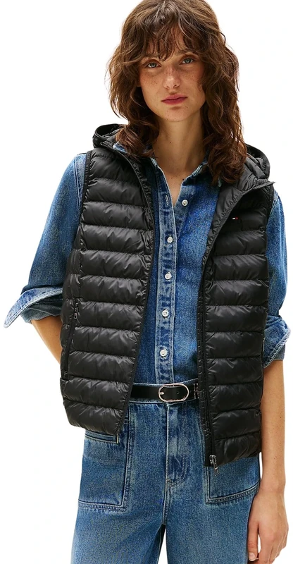 Tommy Hilfiger Women’s Padded Global Stripe Gilet with Hood, Black (Black), XXS