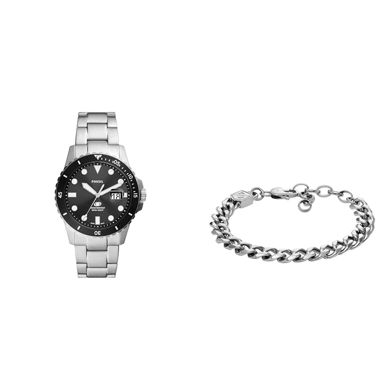Fossil Men's Watch Blue Dive and Bracelet, Silver Stainless Steel, Set
