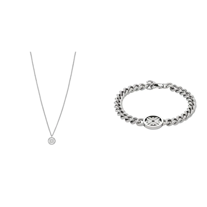 Emporio Armani Herren-Halskette und -Armband, silberfarbener Edelstahl, Set