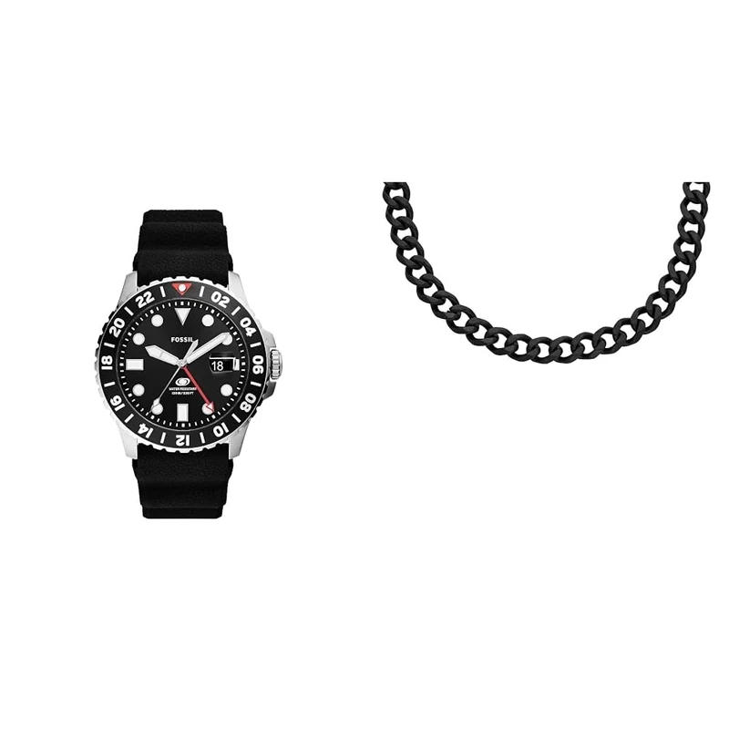 Fossil Herrenuhr Blue GMT Silikon und Halskette aus Edelstahl, Schwarz, Set - Image 1