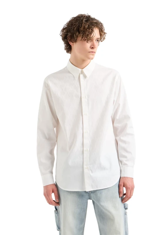 Armani Exchange Men's Regular Fit Long Sleeve Jacquard Cotton All Over Logo Button Down Shirt, Off White, S