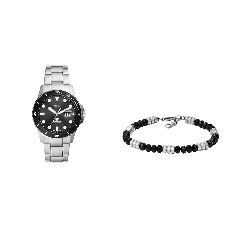 Fossil Men's Watch Blue Dive and Bracelet Jewelry, Silver Stainless Steel, Set