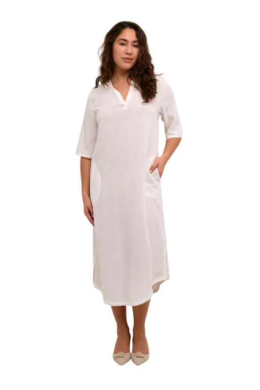 KAFFE Women's Kaftan Dress Half Sleeves Midi Length V-Notch Neck Regular Fit, Chalk, 10