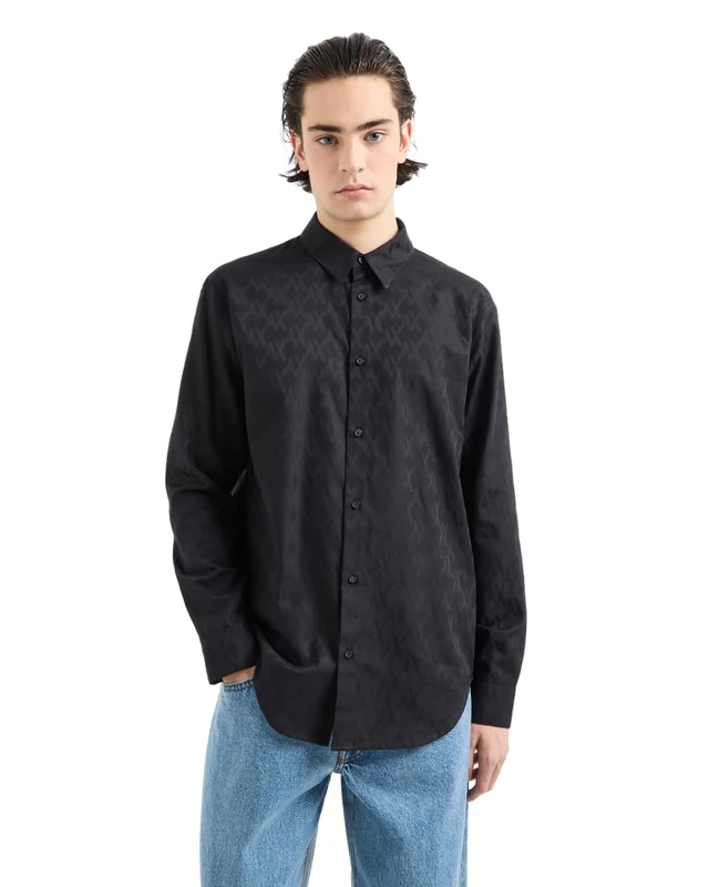 Armani Exchange Men's Regular Fit Long Sleeve Jacquard Cotton All Over Logo Button Down Shirt, Black, XL