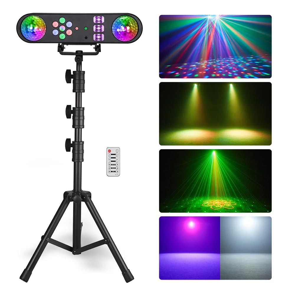 Eyeshot 5-in-1 LED DJ Stand Light System with Kaleidoscope Ball, Par Light, Red Green Pattern, Strobe/UV Effect, Portable T-bar Kit for Disco Party DJ Stage Lighting