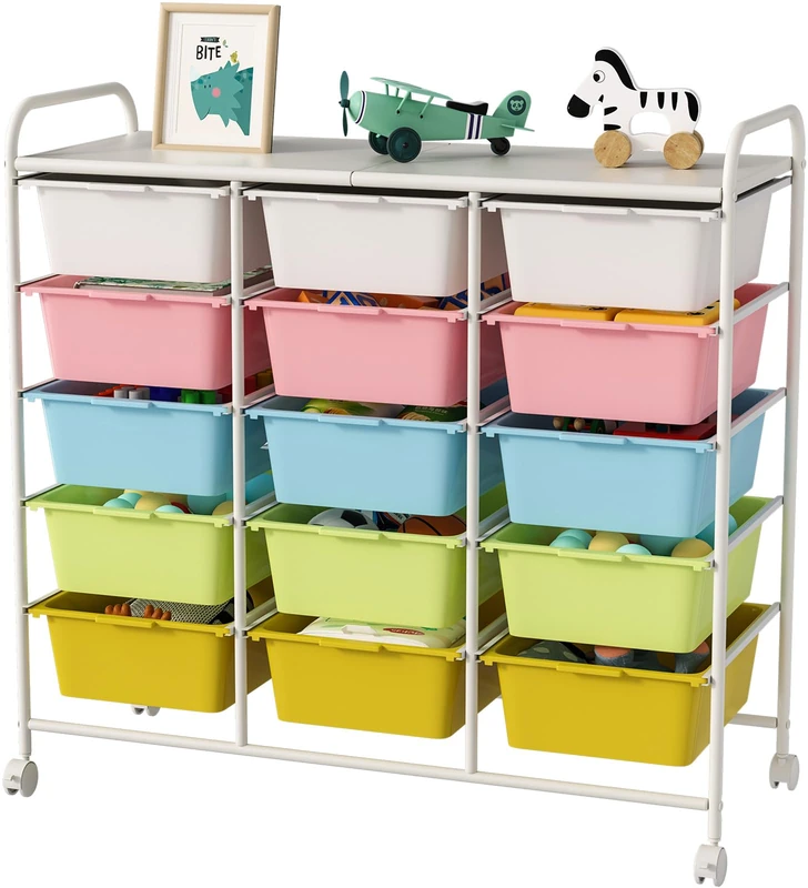 Ytaoka 15 Drawers Rolling Cart with Wheels, Plastic Storage Drawer Cart with Metal Frame, Multipurpose Art Craft Cart Organizer, Utility Cart with Drawers for Home, Office, School, Multicolor