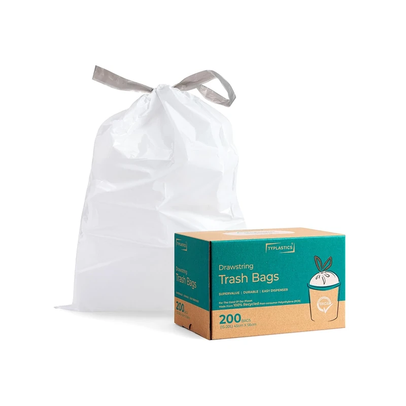 TYPLASTICS Bin Liners with durable drawstring Tie Handle, 15-20L, 200 Waste Bags, White, 100% Post-Consumer Recycled Material, Global Recycled Standard Compliant