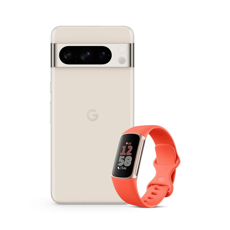 Google Pixel 8 Pro – Unlocked Android Smartphone with telephoto lens – Porcelain, 128GB + Fitbit Charge 6 Activity Tracker - Coral/Champagne Gold Aluminium