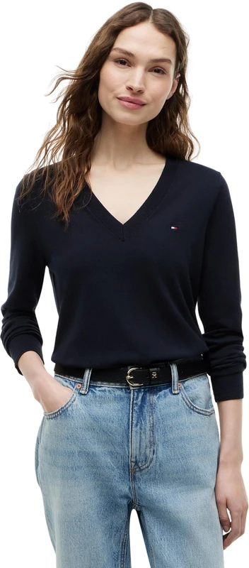 Tommy Hilfiger Women’s Cotton Jersey Stitch V-Neck Jumper, Blue (Desert Sky), XL