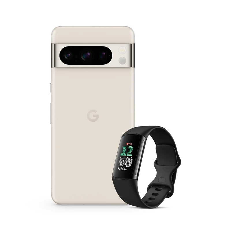 Google Pixel 8 Pro – Unlocked Android Smartphone with telephoto lens – Porcelain, 128GB + Fitbit Charge 6 Activity Tracker - Obsidian/Black Aluminium