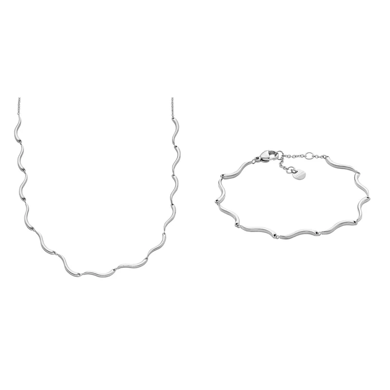 Skagen Damen Halskette und Armband Essential Waves, silberfarbener Edelstahl, Set