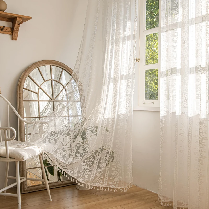 Sutuo Home Boho Curtains 2 Panels 96 Inches for Living Room, Window Treatments Bohemian Sheer Crochet Lace Vintage Drapes Pair, Country White Florals Knitted Handmade Tassels Rod Pocket, 52" x 96"