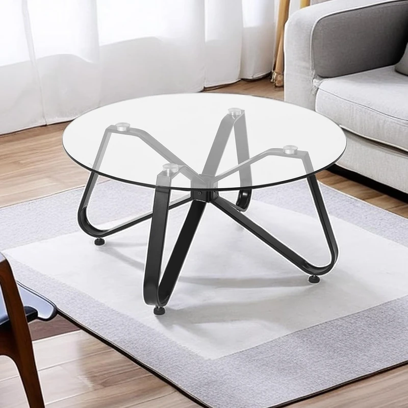 FurnitureR Nordic Minimalist Round Coffee Tempered Glass Top, Modern Black Iron Base, Side Table for Home, Living Room, Patio, Garden, 80 x 80 x 40 cm, 80 x 80 x 40cm - Image 1