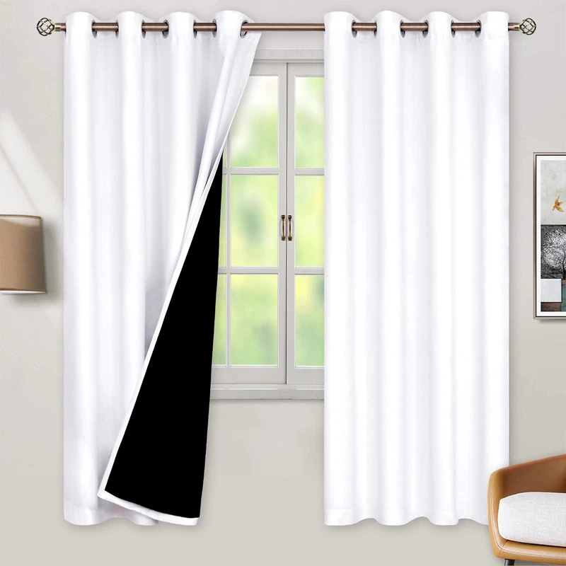 BGment Thermal Insulated 100% Blackout Curtains for Bedroom with Black Liner, Double Layer Full Room Darkening Noise Reducing Grommet Curtain (55 x 69 Inch, White, 2 Panels)