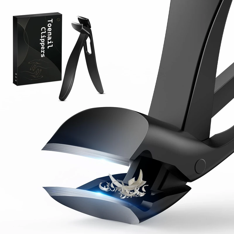 FERYES Angled Head Long Handled Toenail Clipper for Seniors - Large Wide Jaw Nail Clipper with Catcher for Thick Nails - Easier Trimming, Ergonomic Design (Black