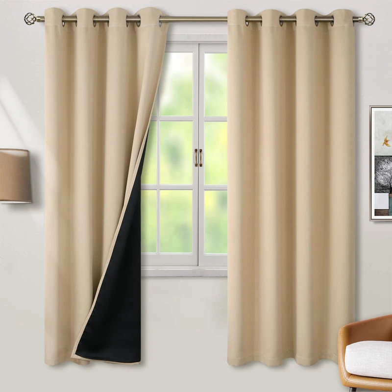 BGment Thermal Insulated 100% Blackout Curtains for Bedroom with Black Liner, Double Layer Full Room Darkening Noise Reducing Grommet Curtain (55 x 69 Inch, Beige, 2 Panels)