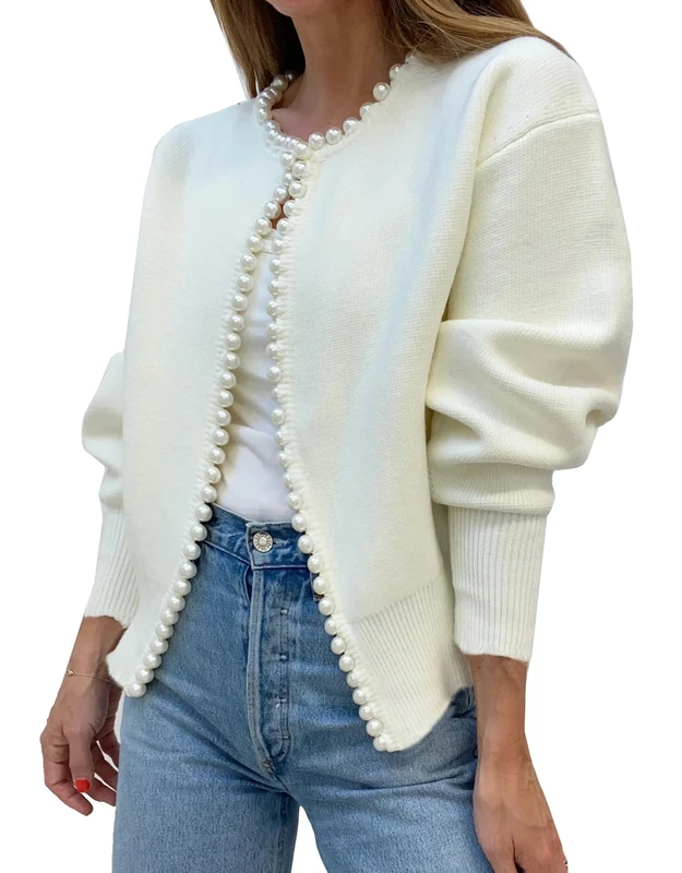 Kedera Womens Casual Cardigan Sweater Elegant Long Sleeve Oversized Pullover Knit Sweater with Pearls, White, XXL