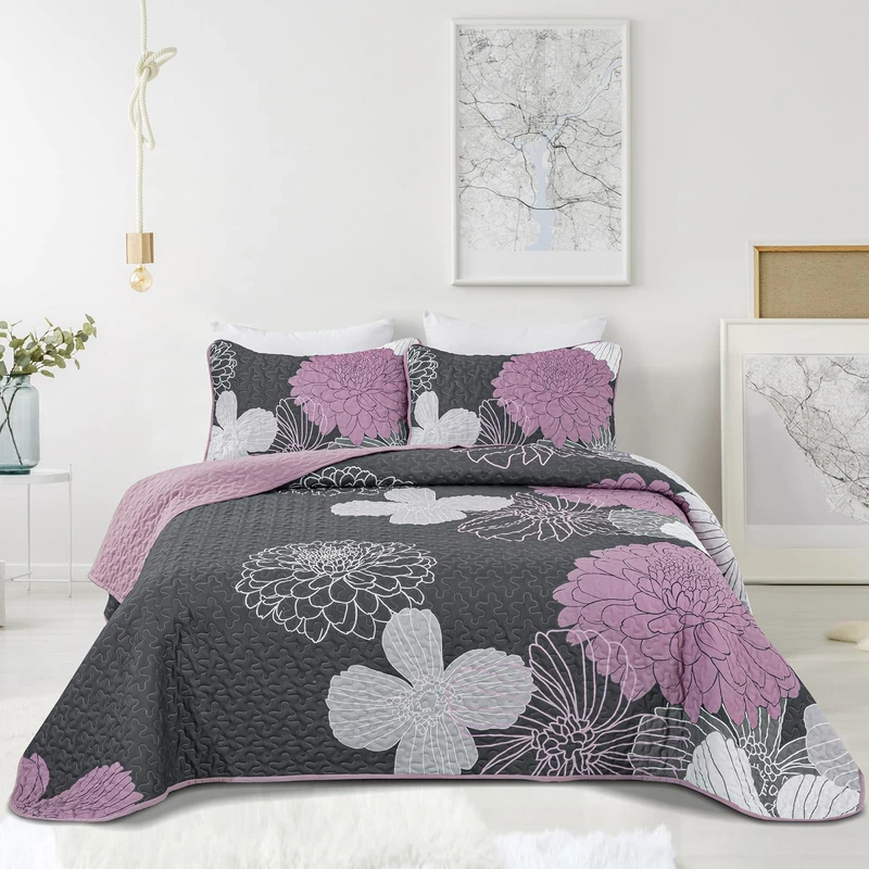 Anibedding Grey Floral Bed Quilts Queen Size - 3 Pieces Pink Quilt Set Bedspread Flower Pattern, Reversible Microfiber Coverlet Set, Soft Microfiber Bedding Quilt Set (96''x90'', Grey/Pink)