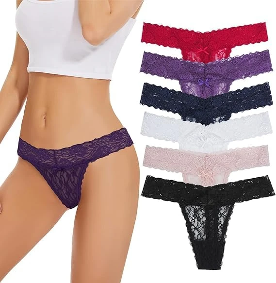 Evolyline Lace Thongs for Women Sexy G String Stretch Knickers for Women, Low Waist Womens Thongs Multipack Lace Panties Comfortable Soft Cotton Briefs Hipster