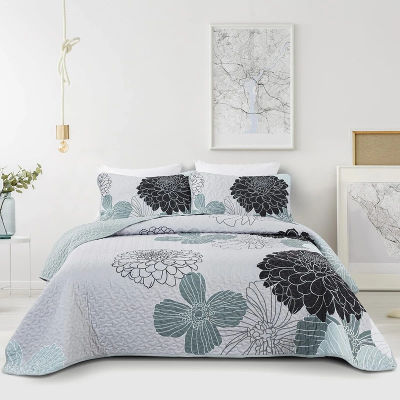 Anibedding 3 Pieces Floral Quilts Queen Size - Elegant Grayish Blue Reversible Bedspread Bedding Set with 2 Pillowcases, Soft Lightweight Flowers Pattern Quilted Coverlet Set (96''x90'', Dusty Blue)