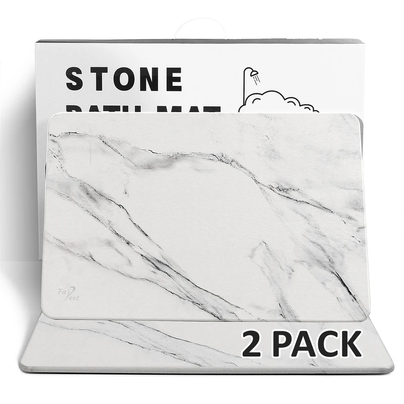 Farest 2 Pack Stone Bath Mat - Diatomaceous Earth Bath Mat Fast-Drying Stone Drying Mat Super Absorbent Diatomite Mats for Bathroom, Dish Drying, Bathtub (White Marble & Heart)