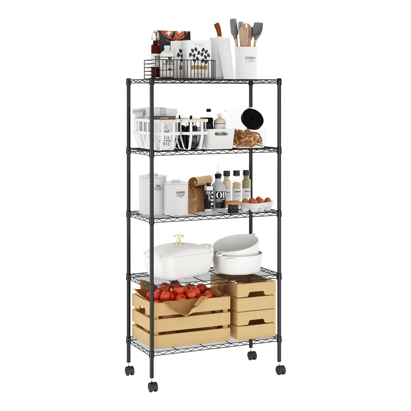 Furinno Wayar 5-Tier Metal Storage Shelf Rack Cart with Casters, 30 x 14 x 60, Black