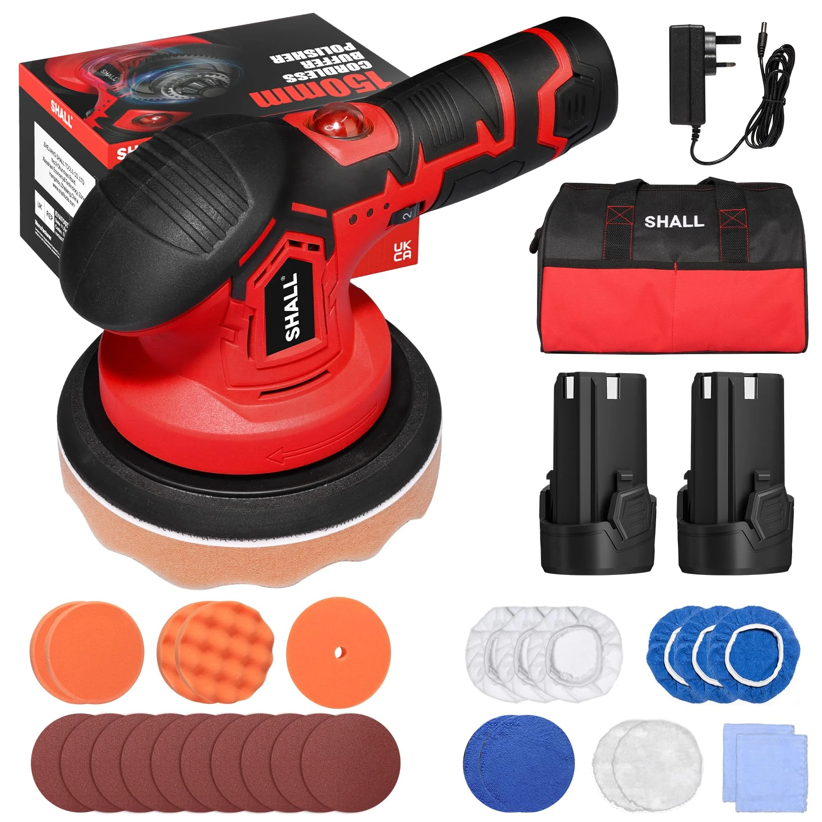 SHALL-Cordless Car Buffer Polisher - 6 Inch Portable Polishing Waxer Machine Kit,2500-5000 RPM,27PCS Car Polishing Kit,for Car Detailing/Waxing/Buffer/Polisher，British Fast Charging Plug