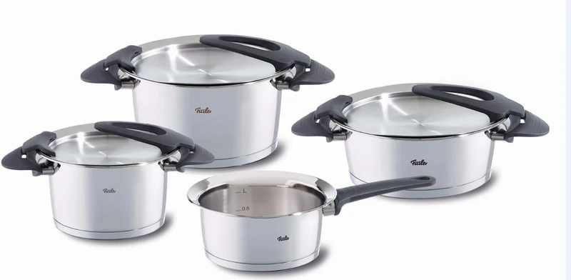 Fissler Intensa 4-Piece Stainless Steel Saucepan Set with Metal Lids (2 Cooking Pots, 1 Stewing Pan, 1 Saucepan Lidless) - Induction, Silver