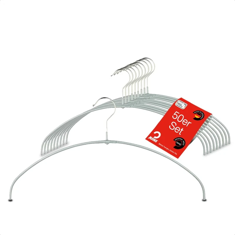 MAWA Light Clothes Hangers, Set of 50 Space-Saving and Non-Slip Hangers, Ideal for T-Shirts, Tops and Lightweight Jumpers, with 360° Rotating Hook and Non-Slip Coating, 40 cm, Silver