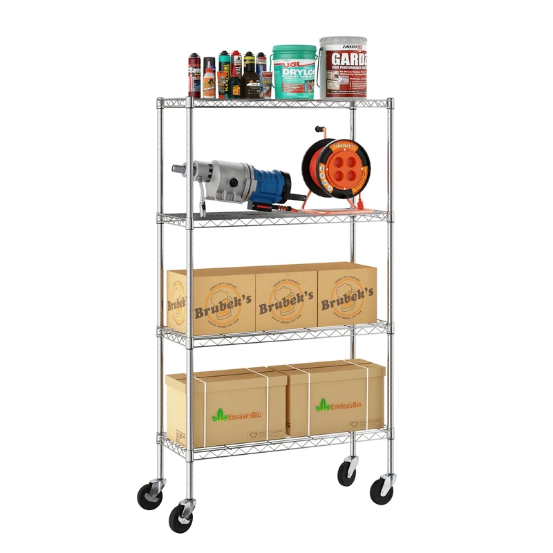 Furinno Wayar 4-Tier Metal Storage Shelf Rack Cart with Casters, 36 x 14 x 58, Stainless Steel