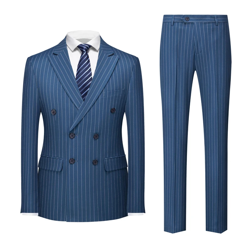 MOGU Mens Double Breasted Pinstripe Suit 2 Piece Slim Fit Tuxedo Formal Jacket and Pants for Business Wedding Prom, Lake Blue, L