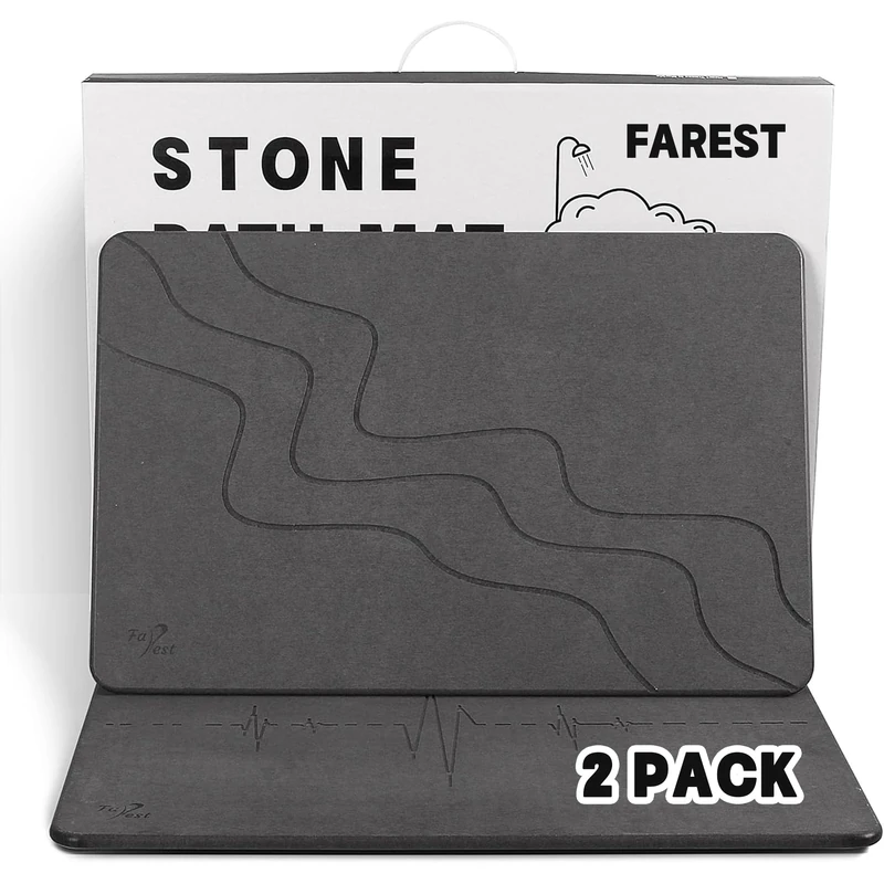 2 Pack Stone Bath Mat-Diatomaceous Earth Bath Mat Fast-Drying Stone Drying Mat Super Absorbent Diatomite Mats for Bathroom, Dish Drying, Bathtub (Grey Wave+Heart Rhythm)