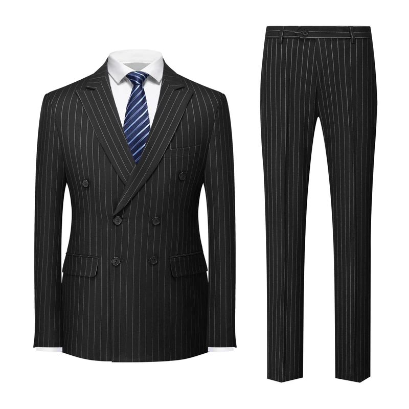 MOGU Mens Double Breasted Pinstripe Suit 2 Piece Slim Fit Tuxedo Formal Jacket and Pants for Business Wedding Prom, Black, XS