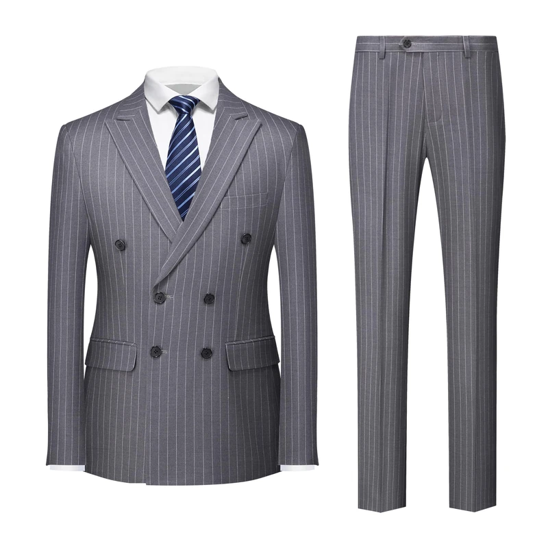 MOGU Mens Double Breasted Pinstripe Suit 2 Piece Slim Fit Tuxedo Formal Jacket and Pants for Business Wedding Prom, Dark Grey, M