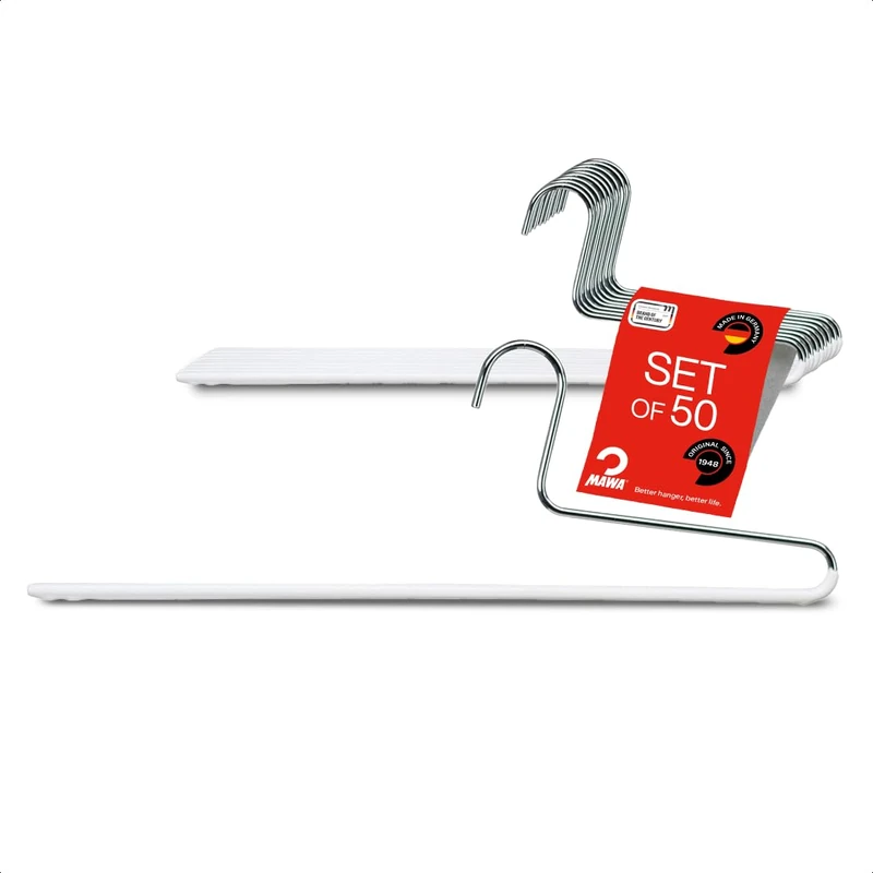 MAWA Trouser Hangers Set of 50 Space-Saving Hangers Ideal for Jeans, Fabric Trousers and Suit Trousers with Non-Slip Bar 35 cm White