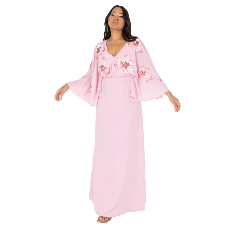 Maya Deluxe Women's Women's Maxi Dress Ladies V-Neck Long Cape Sleeve Floral Sequin Embellished A-line for Wedding Guest Evening Occasion Dress, Cherry Blossom, - Image 1