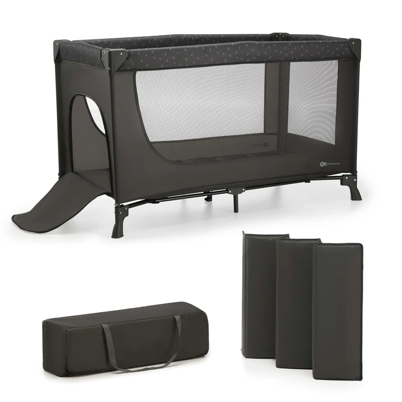 Kinderkraft JOY LIGHT 2-in-1 travel cot and playpen, lightweight and foldable in 5 seconds, mesh sides, side entry, durable steel frame, compact and portable cot, Gray