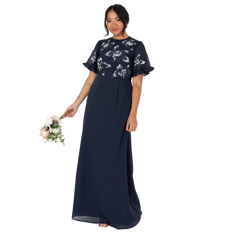 Maya Deluxe Women's Maxi Dress Ladies Short Angel Sleeve Round Neck Floral Sequin Embellished A-line for Wedding Guest Ball Gown, Navy Blue, 18