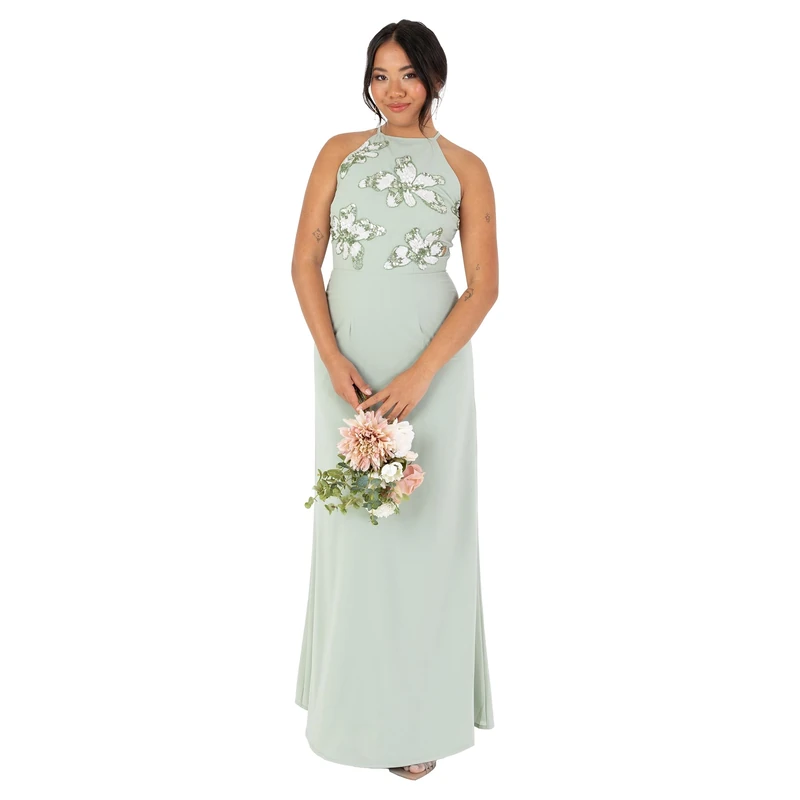 Maya Deluxe Women's Maxi Dress Ladies Sleeveless Halterneck Floral Sequin Embellished A-line for Wedding Guest Evening Ball Gown, Green Lily, 22