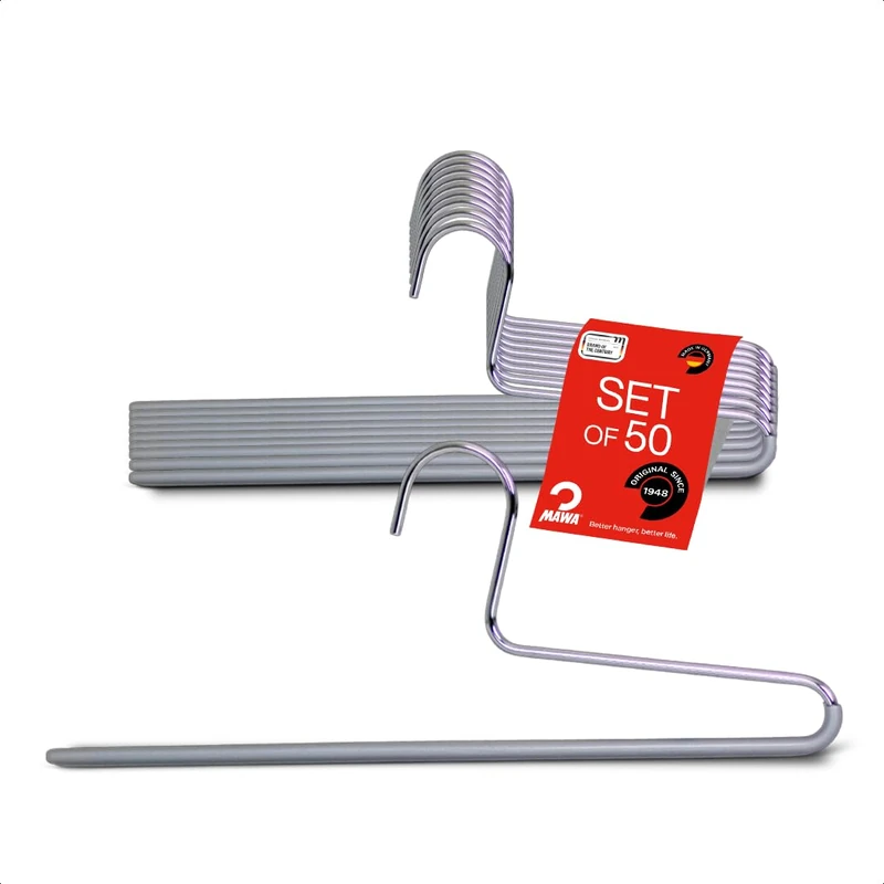 MAWA Trouser Hangers Set of 50 Space Saving Hangers Ideal for Jeans, Fabric Trousers and Suit Trousers with Non-Slip Bar 35cm Silver