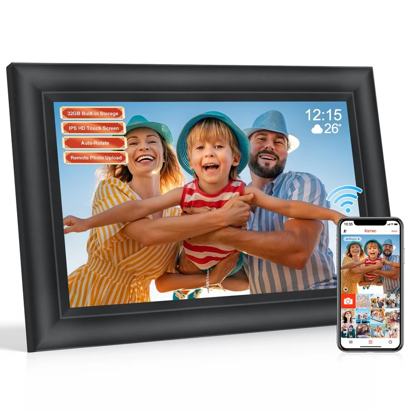 Frameo 10.1 Inch Smart WiFi Digital Photo Frame,Digital Picture Frame Wi-Fi with 32GB Storage & SD Slot, Electronic Picture Frame IPS Touch Screen with Auto-Rotate, Frameo Digital Frame WiFi-Black