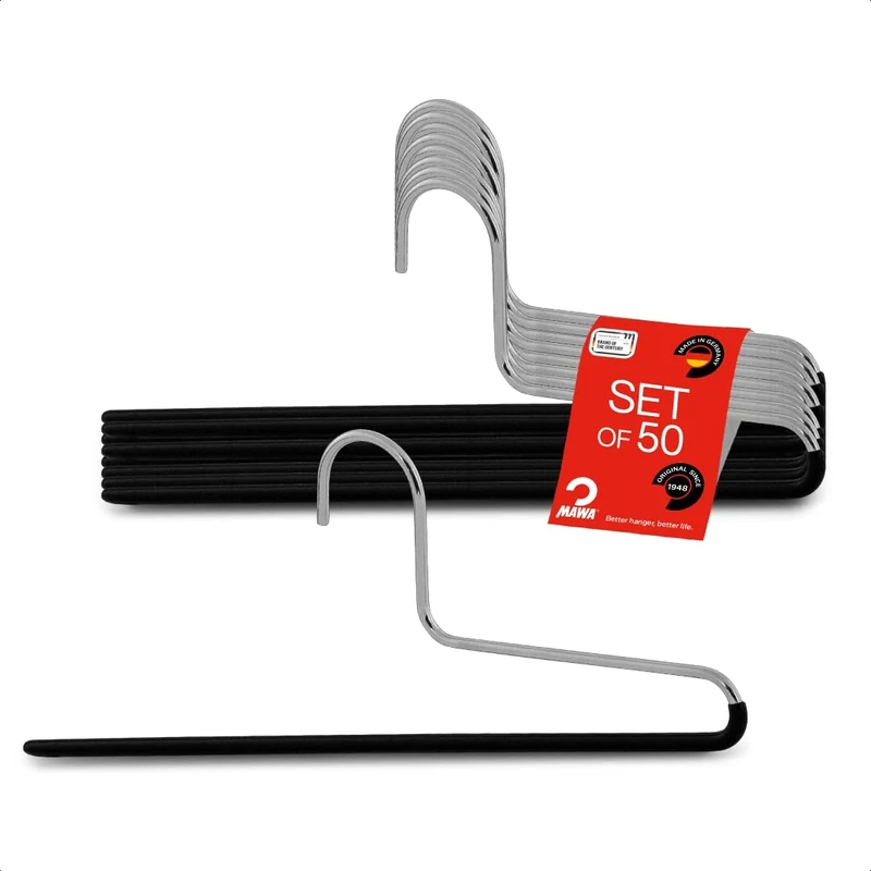 MAWA Trouser Hangers Set of 50 Space Saving Hangers Ideal for Jeans, Fabric Trousers and Suit Trousers with Non-Slip Bar 35cm Black