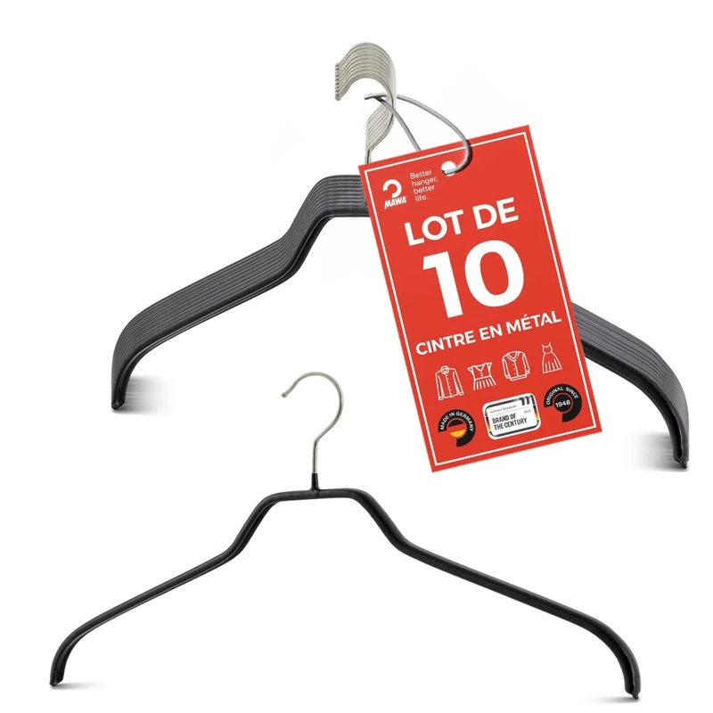 MAWA Set of 50 Space Saving Non-Slip Hangers Ideal for Shirts and Blouses with 360° Rotating Hook Non-Slip Coating 45cm Silver