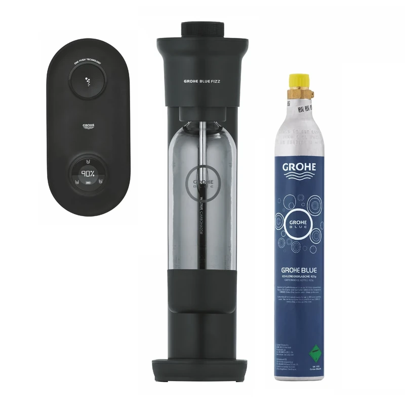 GROHE Blue Fizz Water Carbonator (Carbon Dioxide Bottle 425 g, CO₂ Level Display Basic Set, 3 Adjustable CO2 Levels Preset, BPA-Free Water Bottle 850ml, Built-In Rechargeable Battery), Black, 31947K00