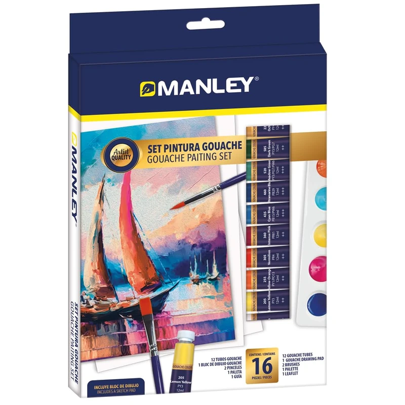 Manley Gouache Paint Set 16 Pieces | Ideal for Budding Artists | Gouache Paint Artistic Quality | Intense Colours and Easy to Mix