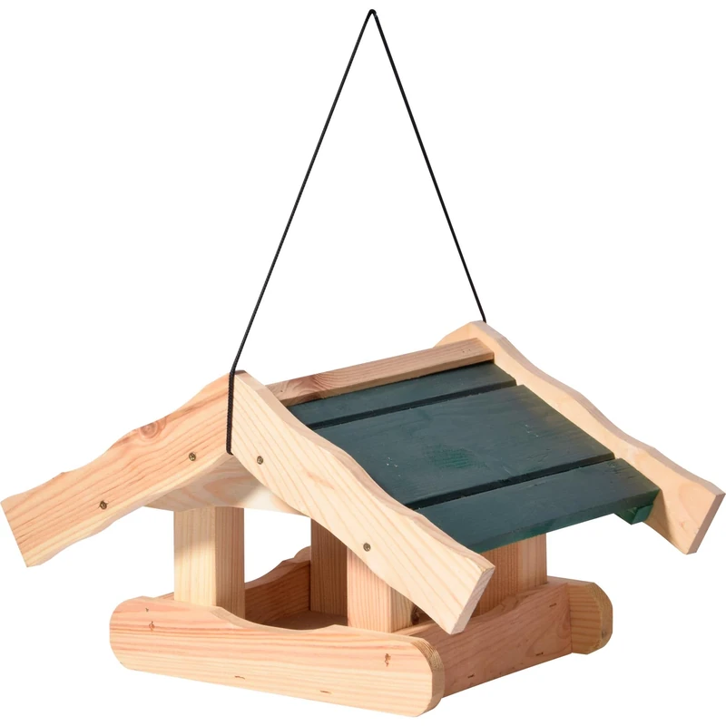 dobar Green Label Thule Bird House with Green Roof, Bird Feeder for Hanging, Wild Bird Feeder Made of Wood, 39 x 30 x 22 cm, Pine