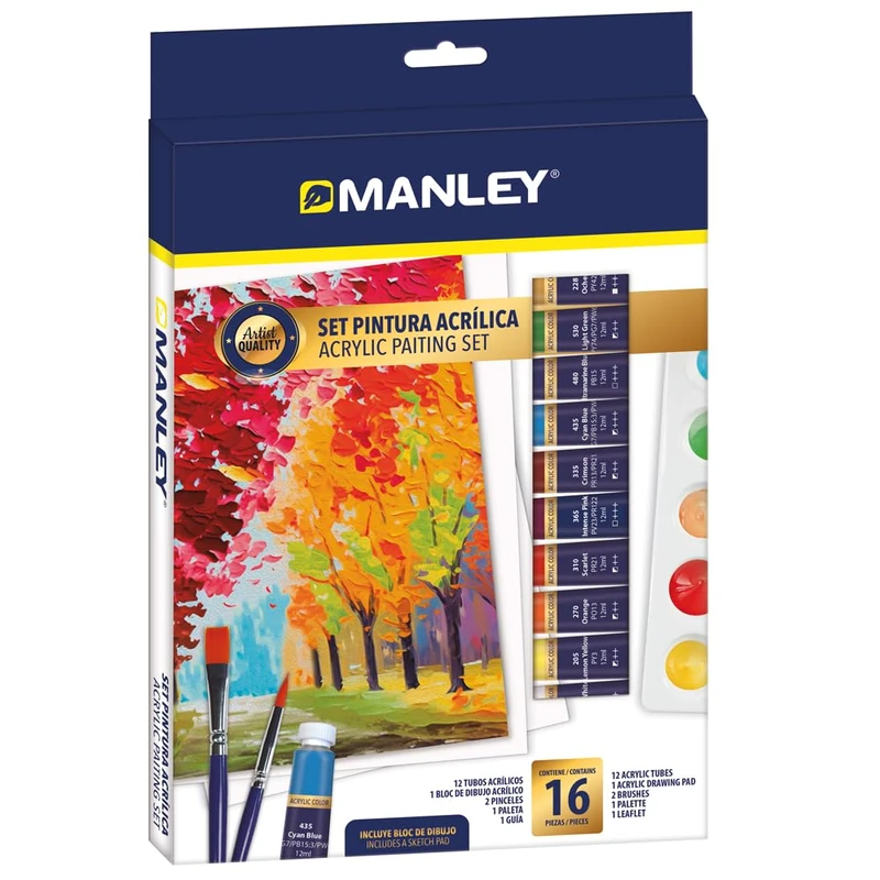 Manley Acrylic Paint Set 16 Pieces | Ideal for Budding Artists | Artistic Quality Acrylic Paint | Bright Colours and Easy to Mix