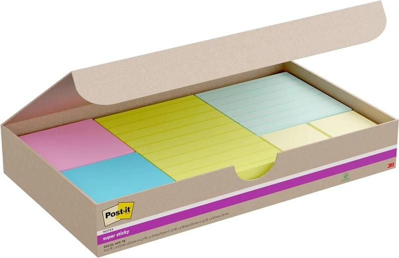 Post-it Super Sticky Notes, Pack of 18 Pads, Value Pack - Holds Strong to Many Surfaces - Blue, Pink, Green, Yellow - for Walls, Monitors and Fridge, Recycable